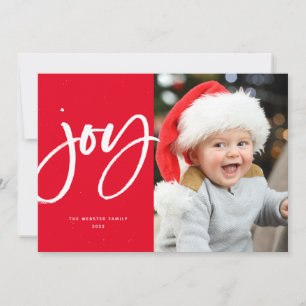 Joy modern red script Christmas one-photo Holiday Card