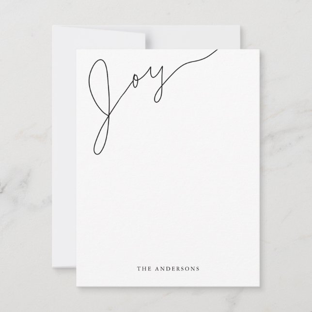 Joy Modern Script Black and White Christmas Note Card (Front)