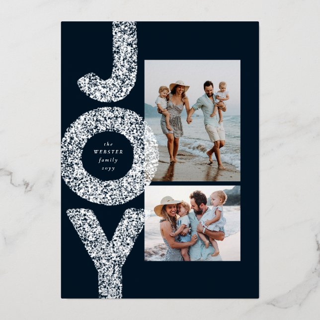 Joy modern two photo bold silver navy Christmas Foil Holiday Card (Front)