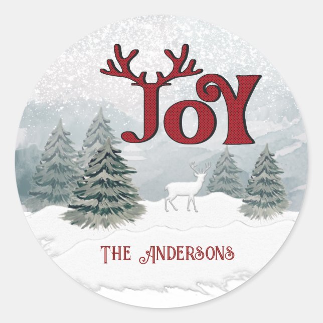 Joy Modern Watercolor winter deer scene   Classic Round Sticker (Front)