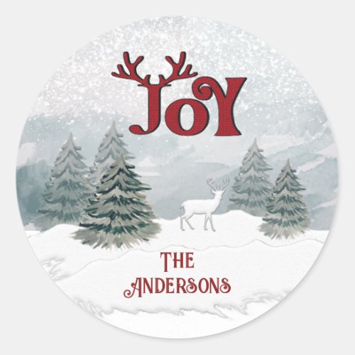  Joy Modern Watercolor winter deer scene   Classic Round Sticker