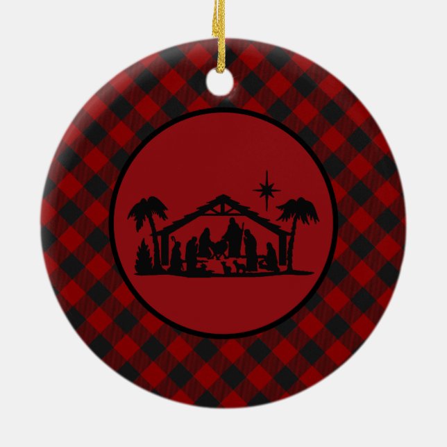 Joy Nativity plaid Ceramic Ornament (Back)