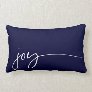 Joy Navy Blue Elegant Script Calligraphy Christmas Lumbar Pillow