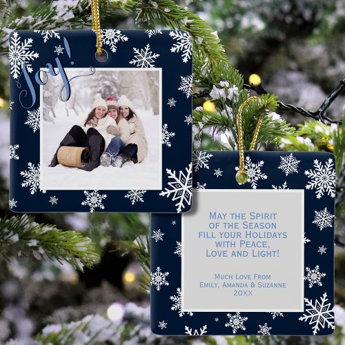 Joy Navy Blue  White Snowflakes Christmas Photo Ceramic Ornament