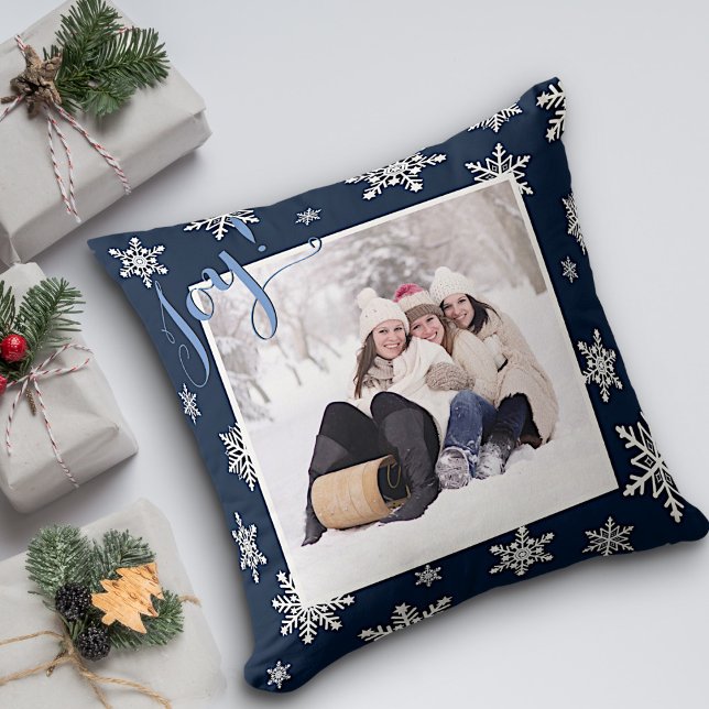 Joy! Navy Blue & White Snowflakes Holiday Photo Throw Pillow (In Situ with Christmas Packages)