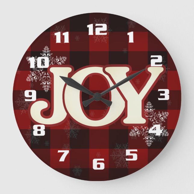 JOY of Christmas Elegant Red buffalo plaid Large Clock (Front)