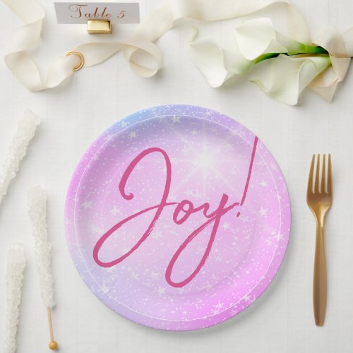 Joy or Your Message Fuchsia Text Purple Pink Star Paper Plates