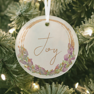 Joy Original Botanical Watercolor Christmas Gift Glass Ornament