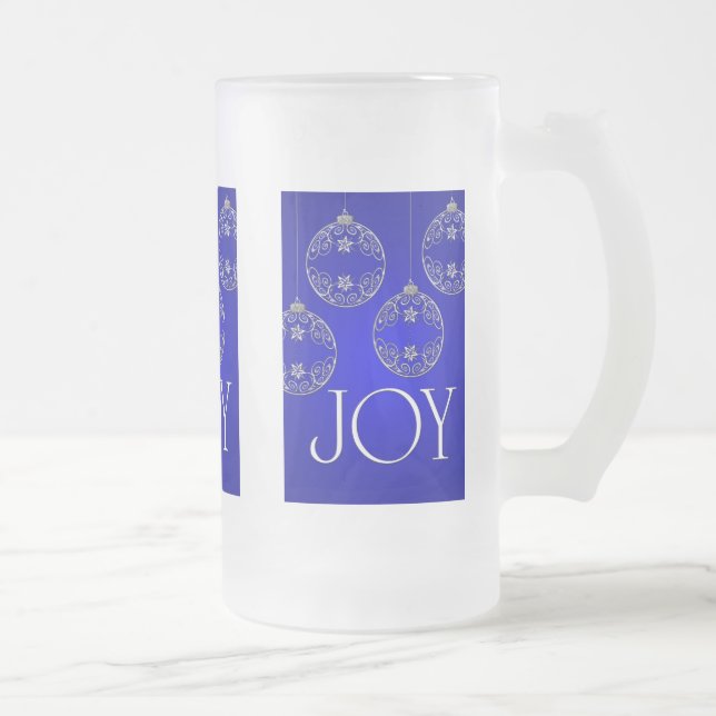 Joy Ornaments on cobalt blue elegant Frosted Glass Beer Mug (Right)