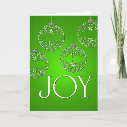 Joy Ornaments on emerald green elegant Holiday Card