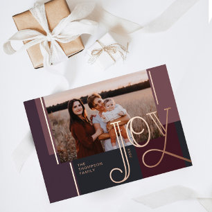 Joy Overlay Modern Purple Color Block Family Photo Foil Holiday Card