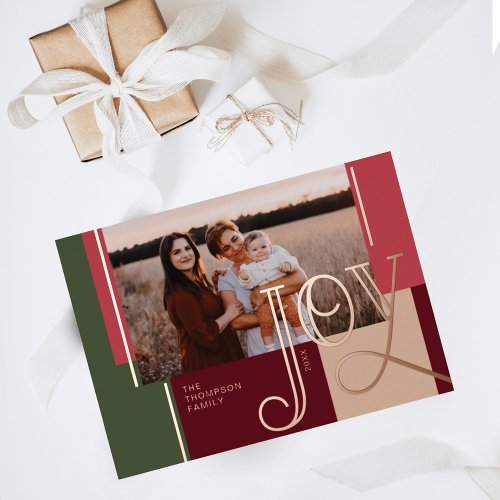 Joy Overlay Modern Red Color Block Family Photo Foil Holiday Card