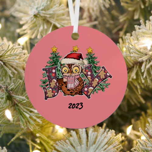 Joy Owl Christmas Metal Ornament