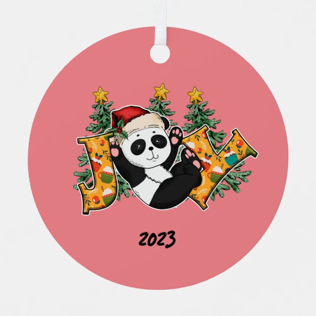 Joy Panda Bear Christmas Metal Ornament (Front)