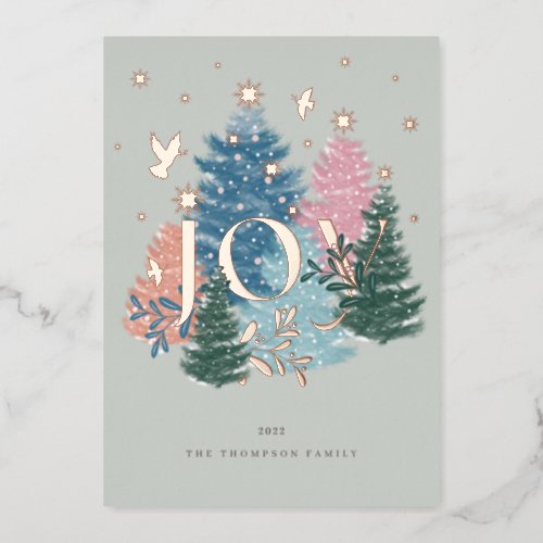 Joy Pastel Watercolor Christmas Tree Forest  Dove Foil Holiday Card