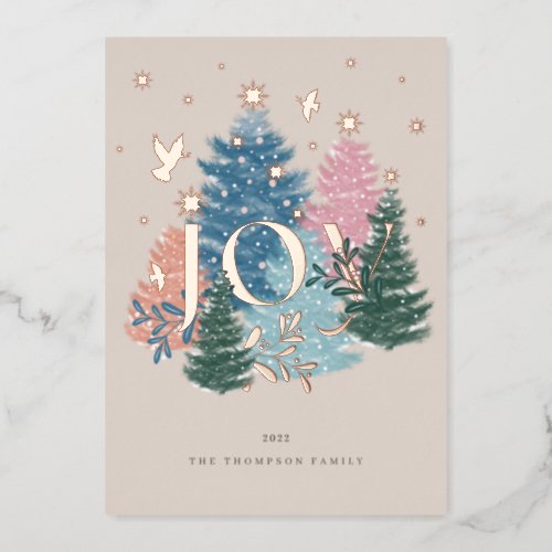 Joy Pastel Watercolor Christmas Tree Forest  Dove Foil Holiday Card