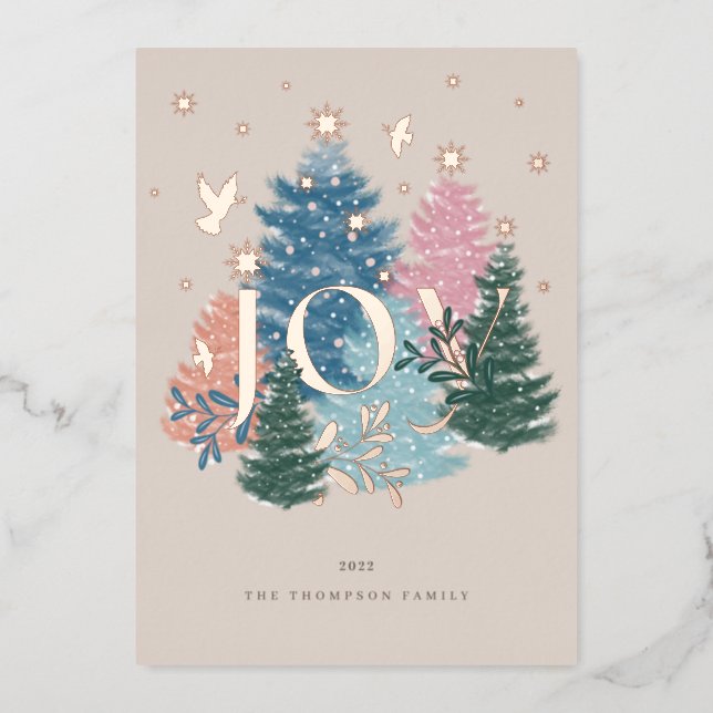 Joy Pastel Watercolor Christmas Tree Forest & Dove Foil Holiday Card (Front)