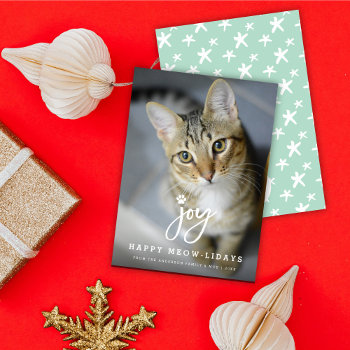 Joy Paw Print Brush Script Cat Lover Simple Pet Holiday Card by fat_fa_tin at Zazzle