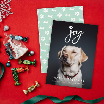 Joy Paw Print Brush Script Dog Lover Photo Pet Holiday Card by fat_fa_tin at Zazzle