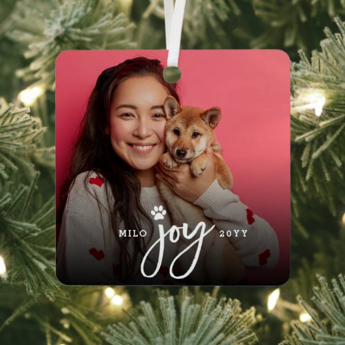 Joy Paw Print Brush Script Photo Dog Pet Christmas Metal Ornament