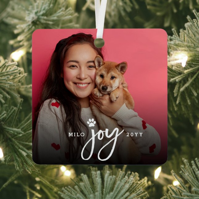 Joy Paw Print Brush Script Photo Dog Pet Christmas Metal Ornament (Insitu)
