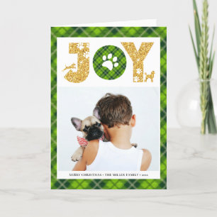 JOY Paws Gold Pet Lovers Festive Tartan Plaid Holiday Card
