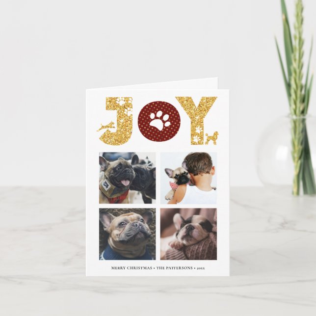 JOY Paws Gold | Pet Lovers Four Photo Collage Holiday Card (Front)