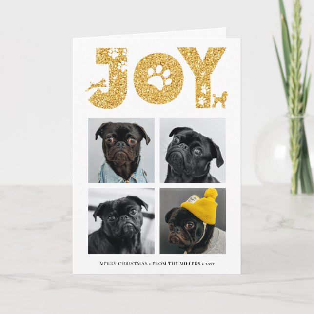 JOY Paws Gold | Pet Lovers Four Photo Collage Holiday Card (Front)