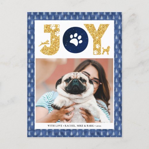 JOY Paws Gold  Pet Lovers Pine Tree In Blue Holiday Postcard