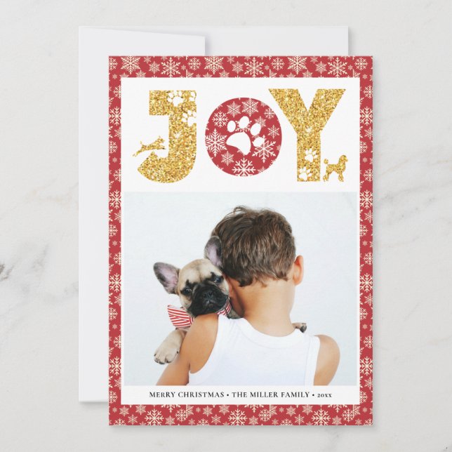 JOY Paws Gold | Pet Lovers Snowflakes In Red Holiday Card (Front)