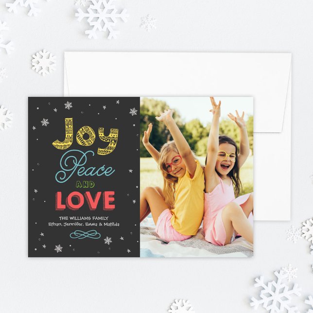 Joy Peace and Love Bright Colors Photo Holiday Card (Creator Uploaded)