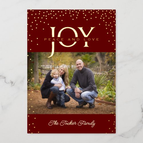 JOY Peace and Love Gold Confetti Dark Red 2_Photo Foil Holiday Card
