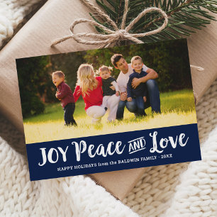 Joy Peace and Love Navy Script Photo Holiday Card