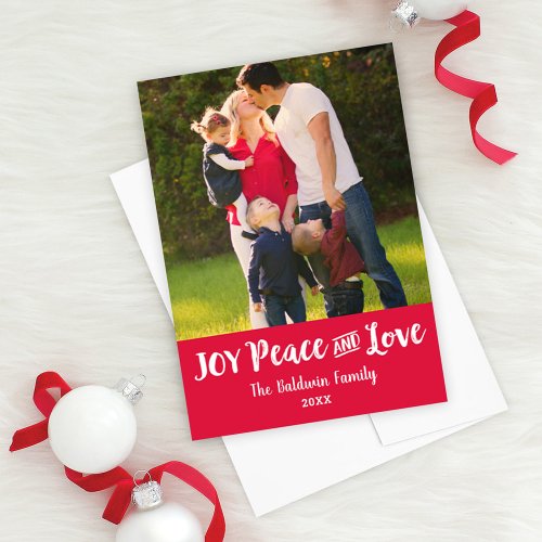 Joy Peace and Love Red Brushed Script Photo Holiday Card