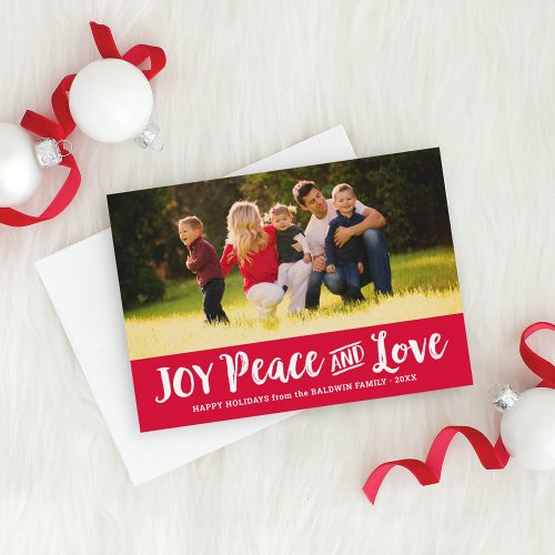 Joy Peace and Love Red Brushed Script Photo Holiday Card
