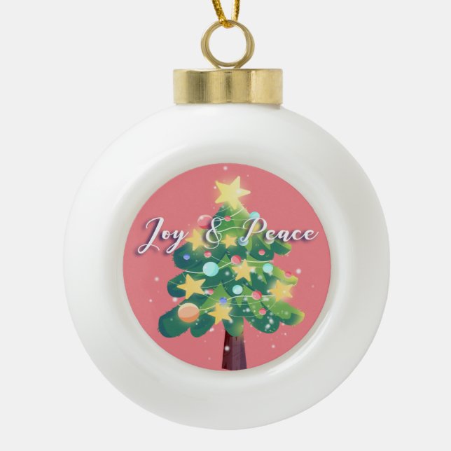 Joy & Peace Caption Carton Christmas Tree Pink  Ceramic Ball Christmas Ornament (Front)