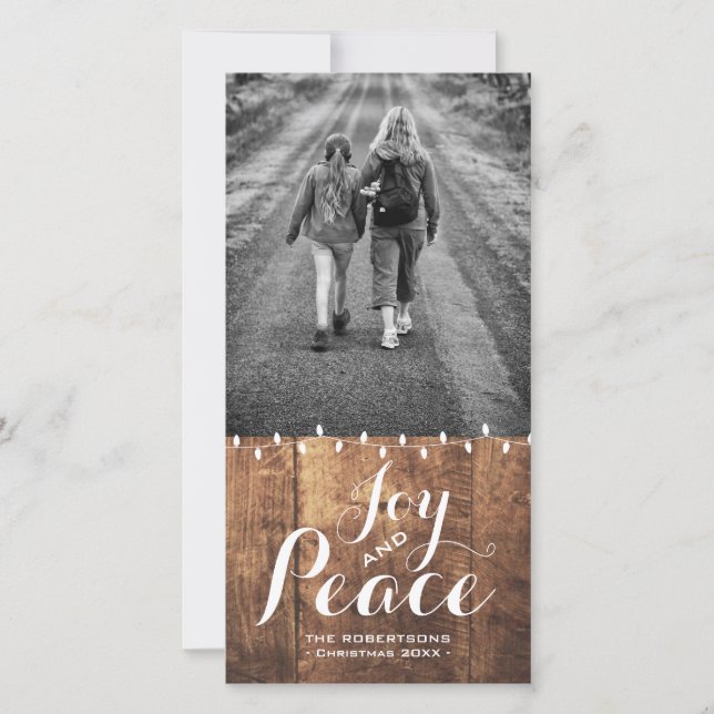 Joy Peace Christmas Wishes Photo Wood Lights v2 Holiday Card (Front)