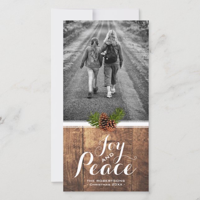 Joy Peace Christmas Wishes Photo Wood Pinecones Holiday Card (Front)