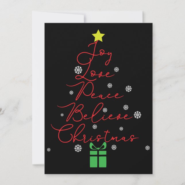 Joy Peace Love Believe Star Red Christmas Card (Front)