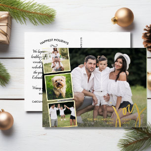 Joy Peace Love Calligraphy Photo Collage Gold Foil Holiday Postcard