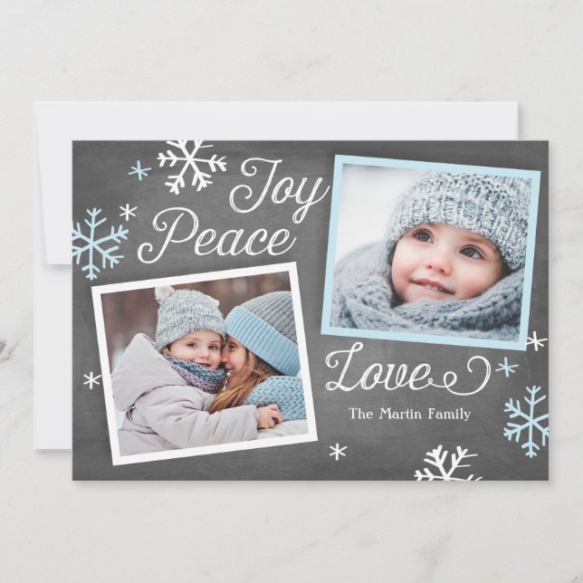 Joy Peace Love Chalkboard 2-Photo Holiday Card (Front)