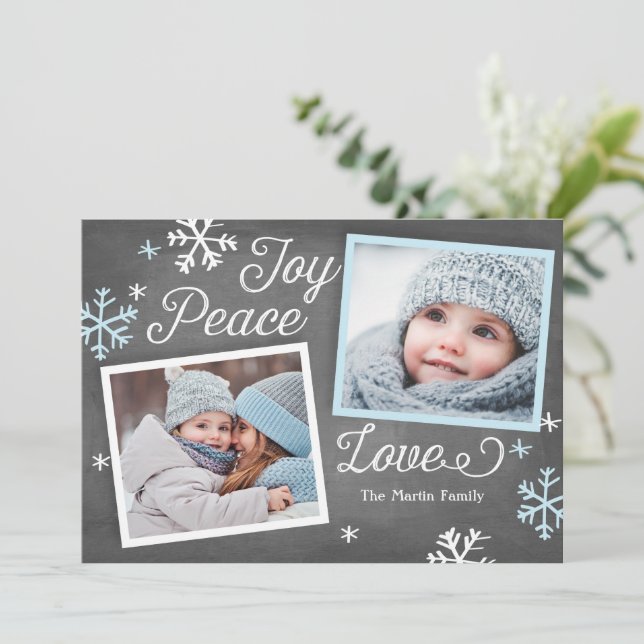 Joy Peace Love Chalkboard 2-Photo Holiday Card (Standing Front)