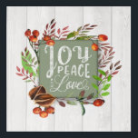 Joy, Peace, Love Chalkboard Wreath ID437 Acrylic Print<br><div class="desc">This country-style acrylic wall panel design features leaves,  walnut shells and berries surrounding typography of 'Joy,  Peace and Love' on a sage green chalkboard. Background is rustic,  whitewashed wood. Search ID437 to see other products with this design.</div>