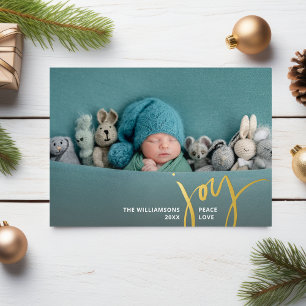 Joy Peace Love Christmas Calligraphy 2 Photos Gold Foil Invitation