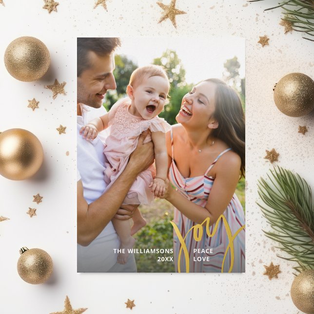 Joy Peace Love Christmas Calligraphy 2 Photos Gold Foil Invitation (Creator Uploaded)