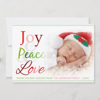 Joy Peace & Love Christmas Custom Photo Card by PeachyPrints at Zazzle