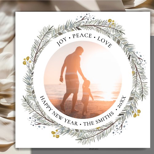 JOY PEACE LOVE  Gold Pine Bough Wreath Holiday Card