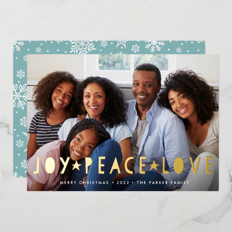 Joy Peace Love | Horizontal Photo Foil Holiday Card