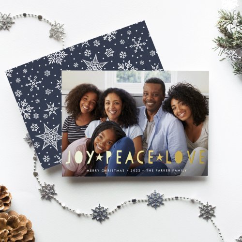 Joy Peace Love  Horizontal Photo Foil Holiday Card
