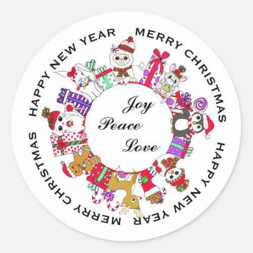 Joy Peace Love Little Christmas Animals Classic Round Sticker
